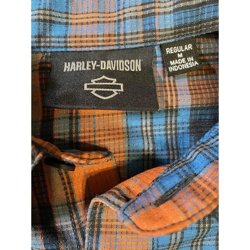 Harley Davidson Men M Performance Plaid Shirt Long Sleeve Orange Blue Back Logo - Picture 3 of 9